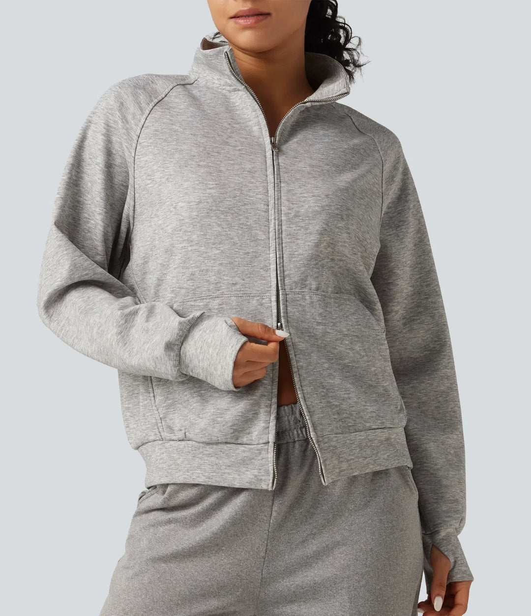 High Neck 2-Way Zipper Long Sleeve Thumb Hole Casual Jacket with Pockets