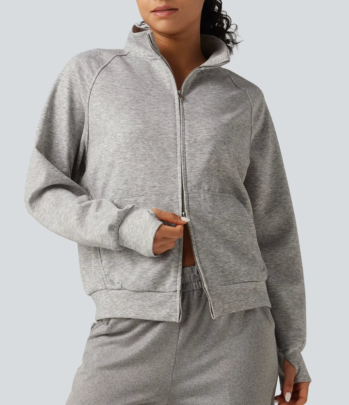 High Neck 2-Way Zipper Long Sleeve Thumb Hole Casual Jacket with Pockets