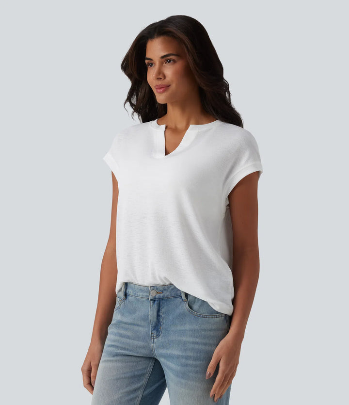 Semi Sheer Notched Short Sleeve Casual T-Shirt