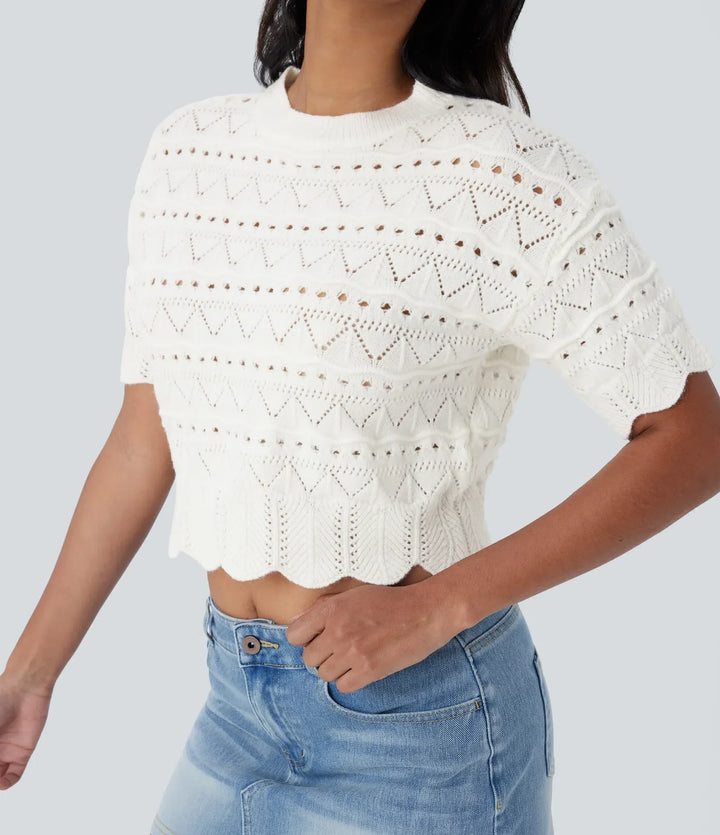 Round Neck Short Sleeve Scallop Hem Open Knit Casual Sweater
