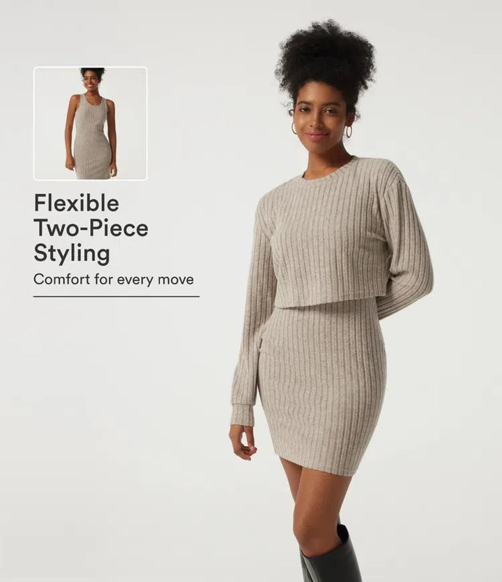 Ribbed Knit Round Neck Long Sleeve 2-Piece Bodycon Mini Casual Dress