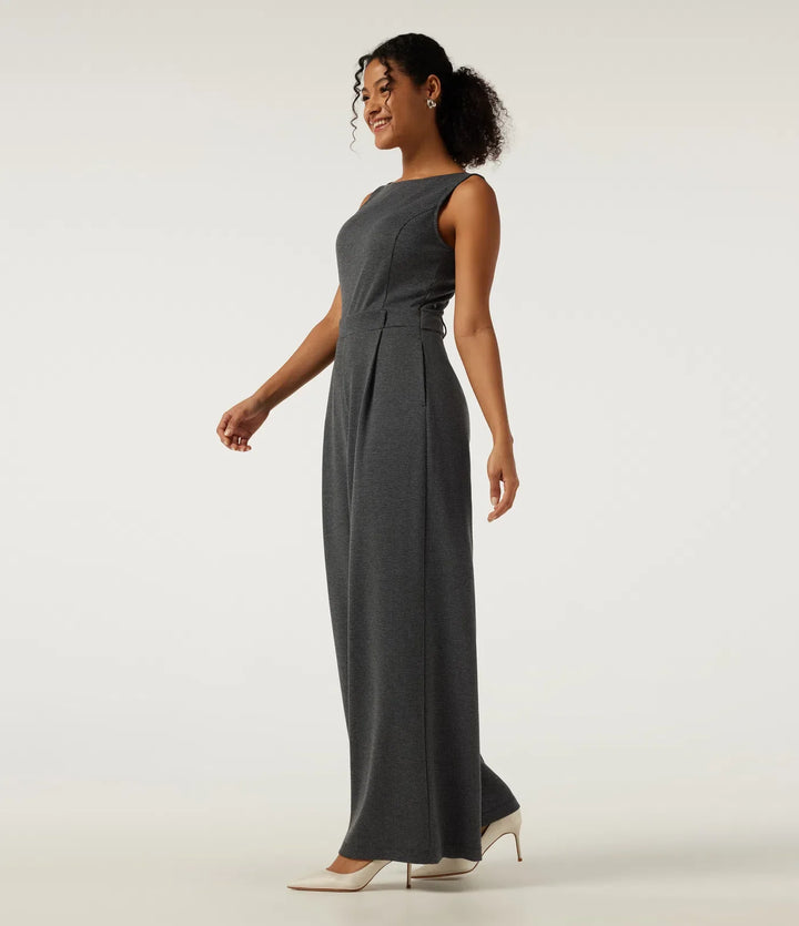 Boat Neck Sleeveless Wide Leg Houndstooth Slim Work Jumpsuits with Pockets -Easy Peezy Edition