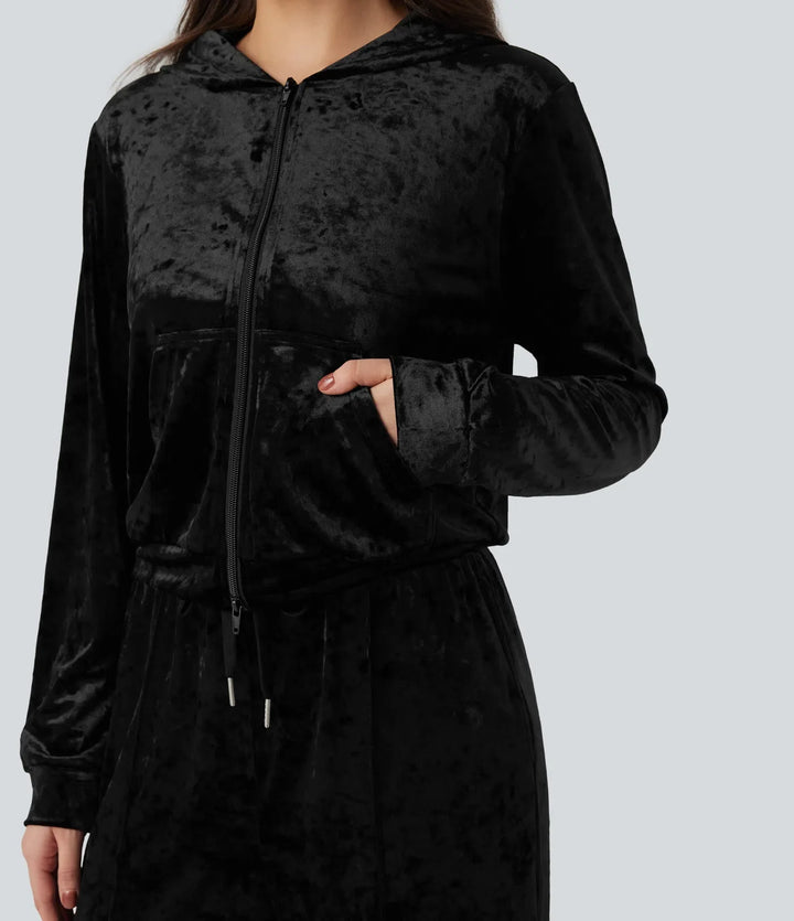 Velvet Hooded Zip Fly Long Sleeve Casual Sweatshirt with Pockets