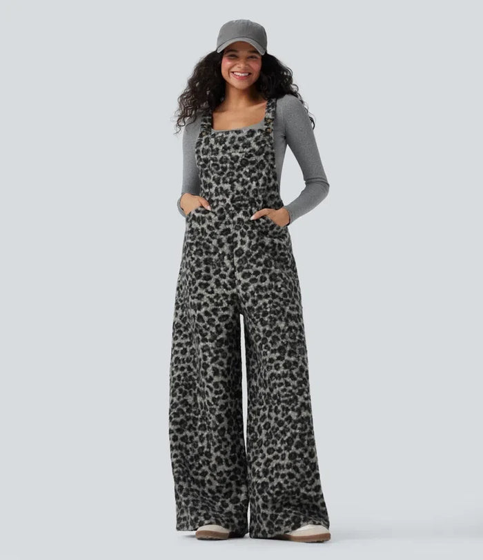 Square Neck Leopard Print Teddy Casual Baggy Overalls with Pockets