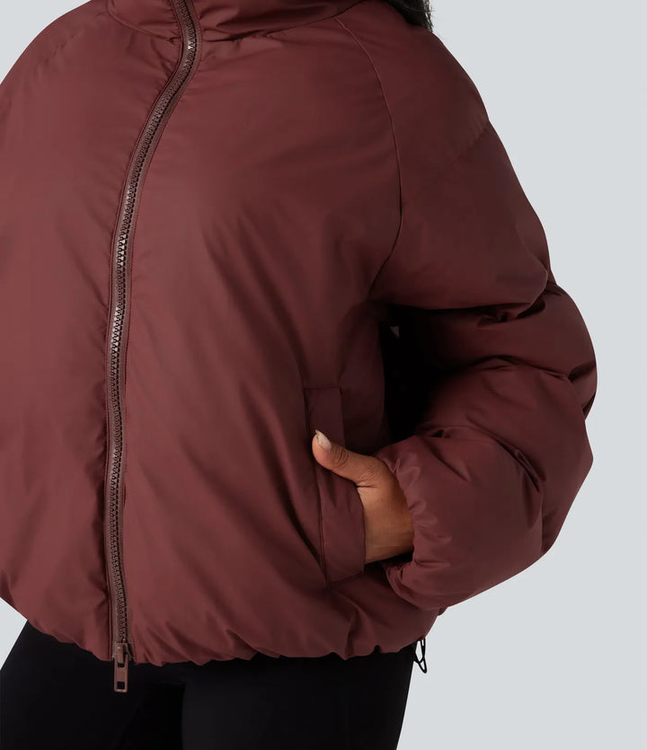 High-neck Drawstring Hem Oversize Casual Puffer Jacket with Pockets