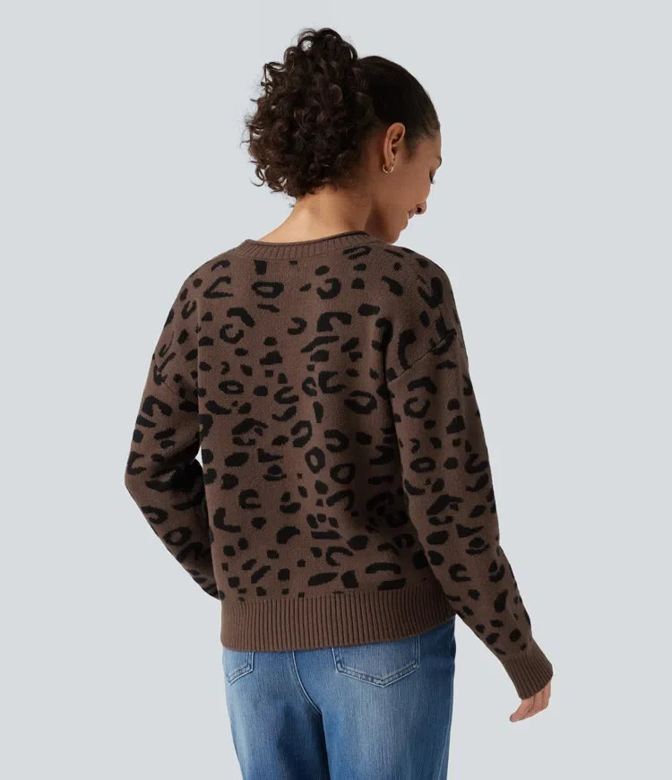 Round Neck Leopard Print Long Sleeve Casual Sweater