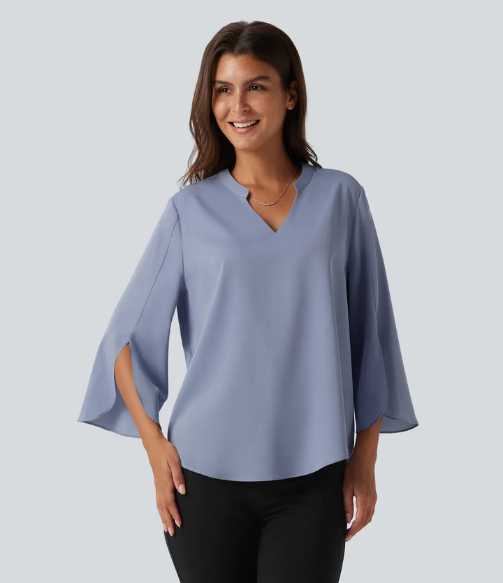 V Neck Flounce Long Sleeve Curved Hem Work Blouse