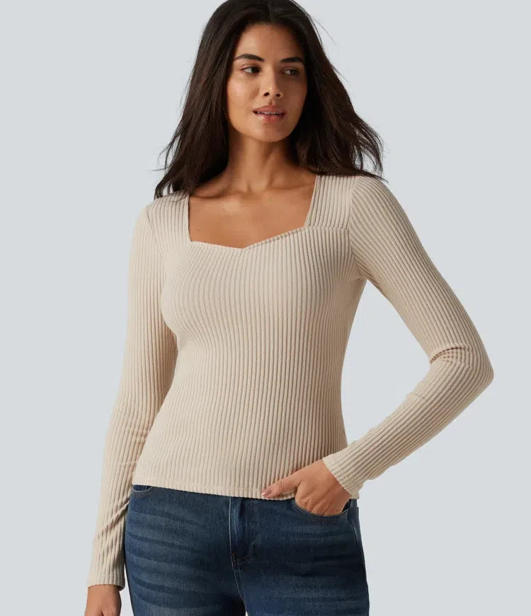 Ribbed Knit Square Neck Long Sleeve Casual Top
