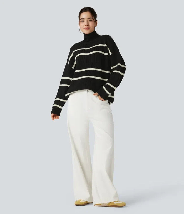 High Neck Long Sleeve Color Block Casual Sweater