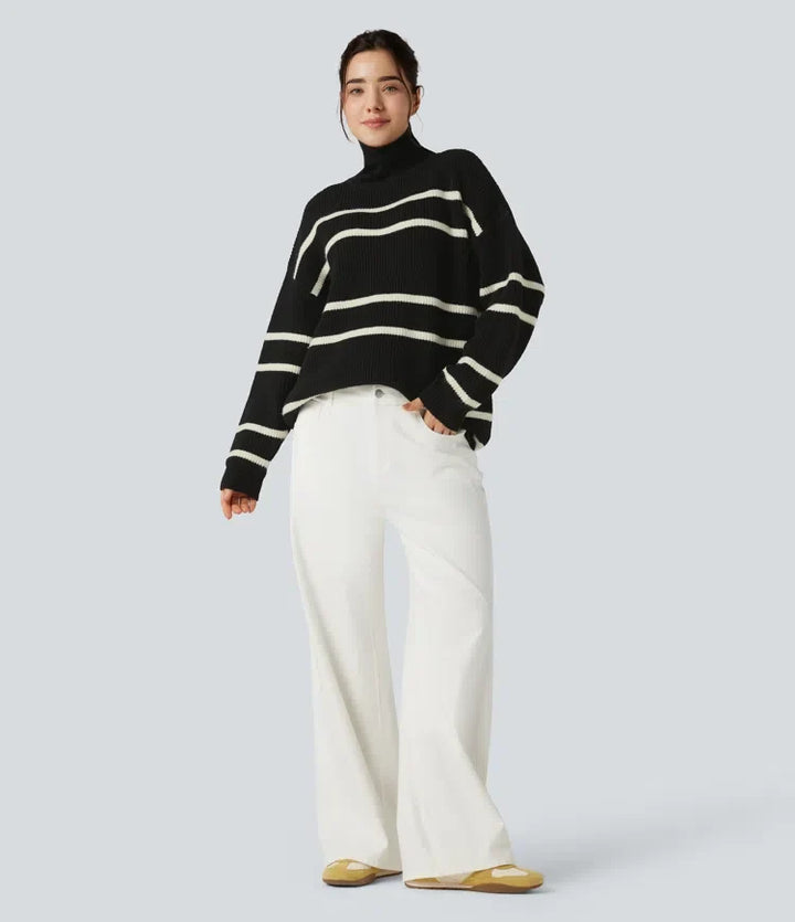 High Neck Long Sleeve Color Block Casual Sweater