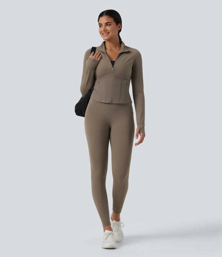 Halara UltraSculpt InstantCool Stand Collar Raglan Thumb Hole Curved Hem Yoga Jacket with Pockets