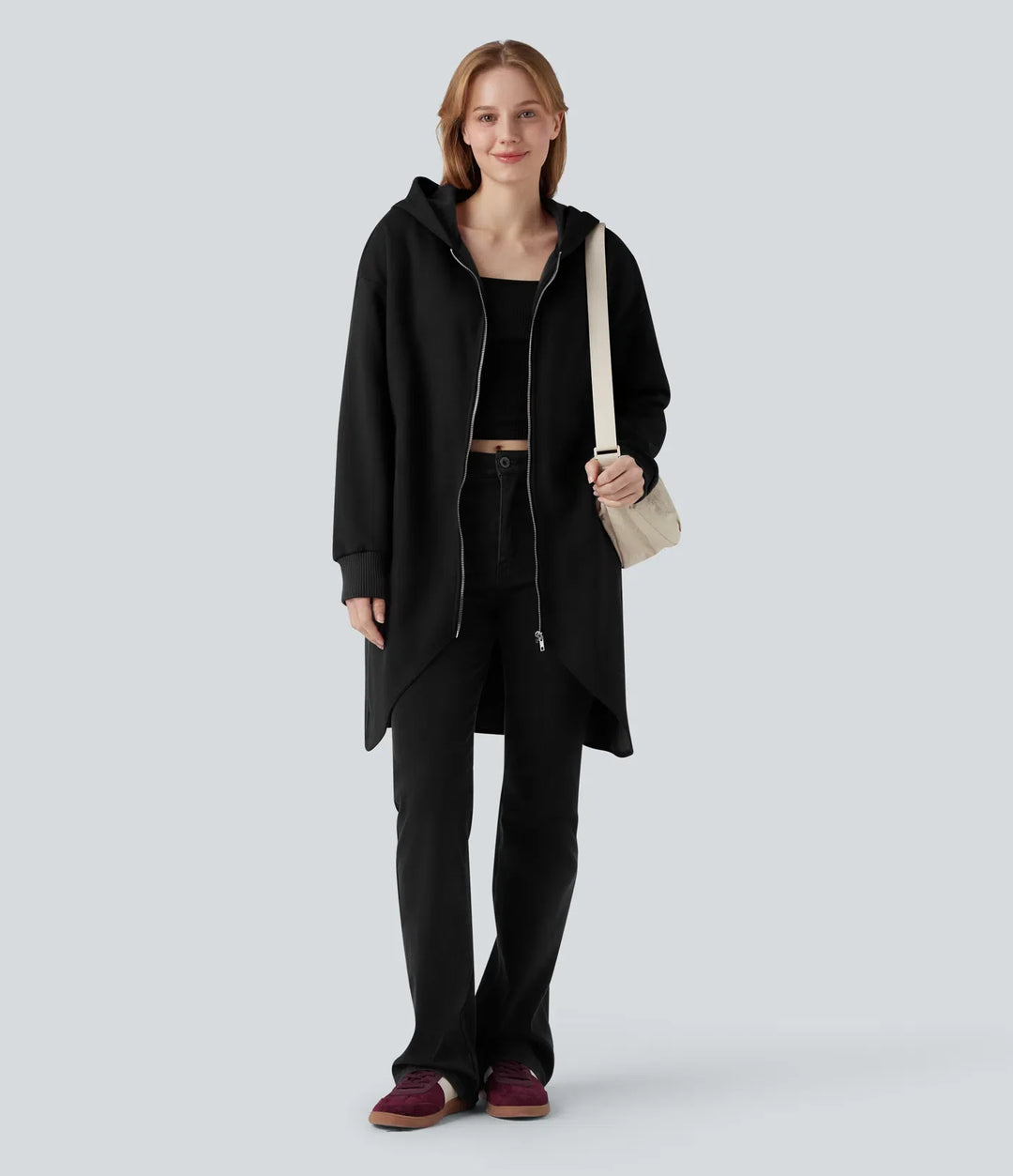 Hooded Zipper Long Sleeve Curved Hem Longline Casual Cotton Sweatshirt with Pockets