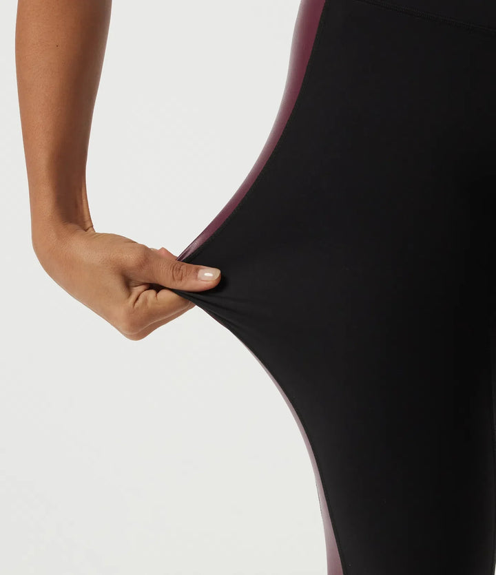 High Waisted Tummy Control Color Block Stretchy PU Yoga Leggings with Pocket