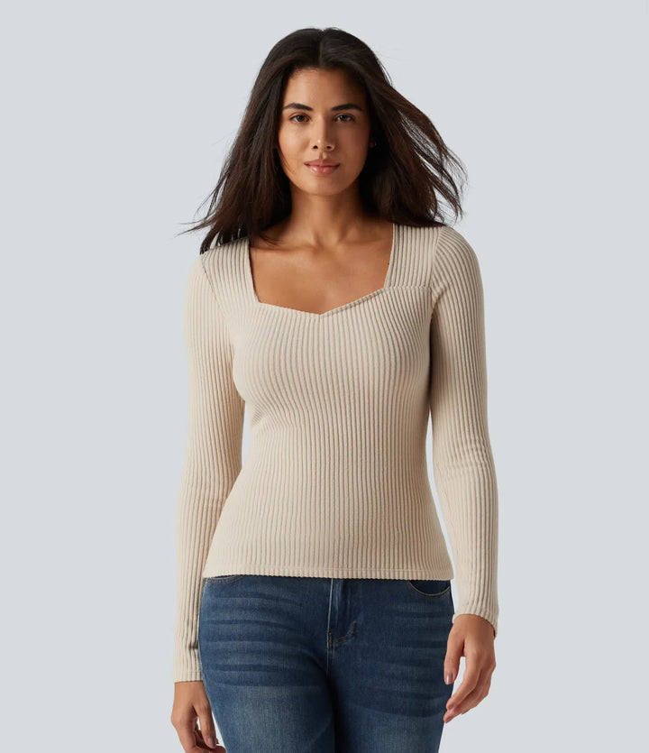 Ribbed Knit Square Neck Long Sleeve Casual Top