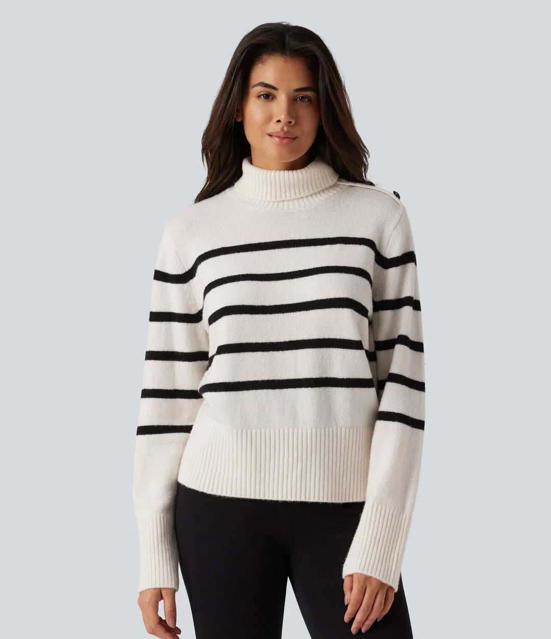 High Neck Long Sleeve Stripe Work Sweater