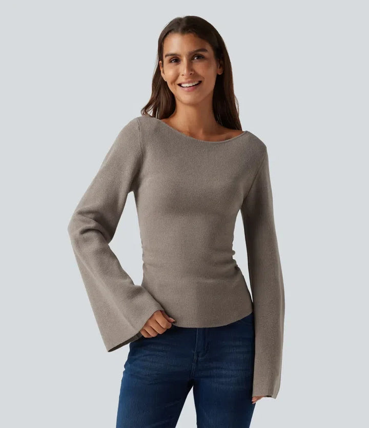 Boat Neck Flounce Long Sleeve Casual Sweater