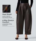 High Waisted Barrel Leg Stretchy PU Fleece Casual Pants with Pockets