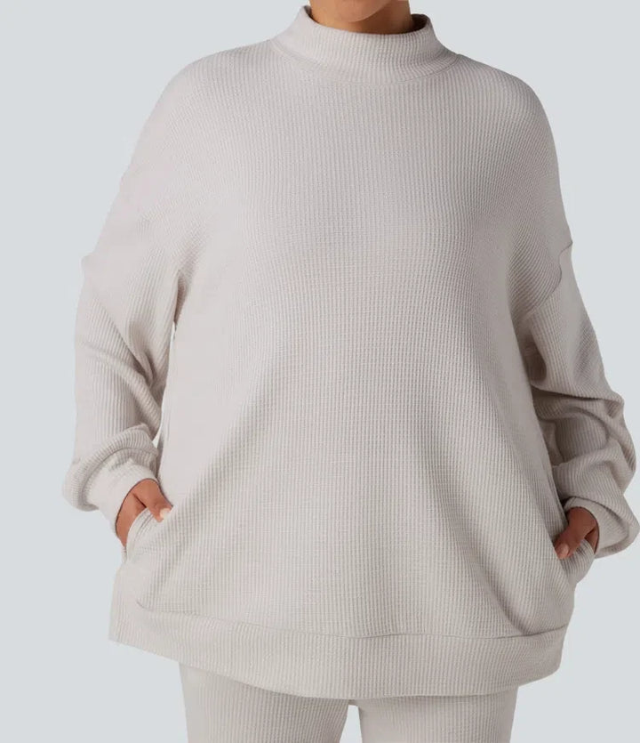 Mock Neck Long Sleeve Relaxed Waffle Casual Sweatshirt with Pockets
