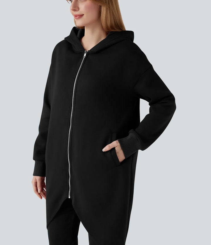 Hooded Zipper Long Sleeve Curved Hem Longline Casual Cotton Sweatshirt with Pockets