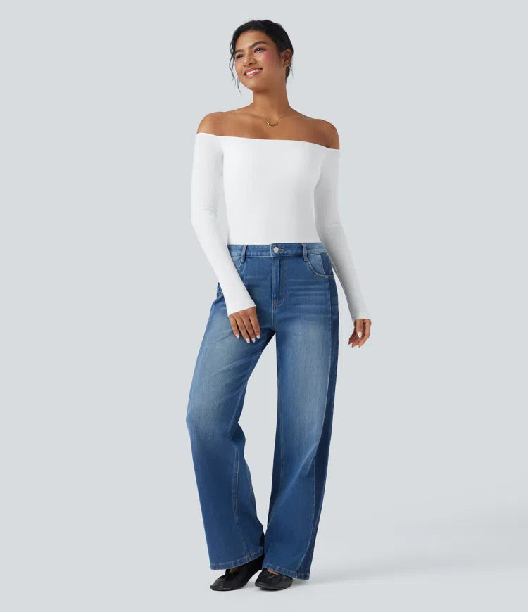 Ribbed Knit Off Shoulder Long Sleeve 2-in-1 Casual Top