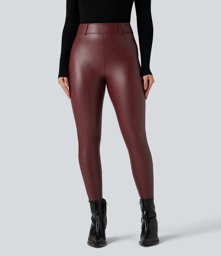 High Waisted Stretchy PU Fleece Casual Leggings with Pockets