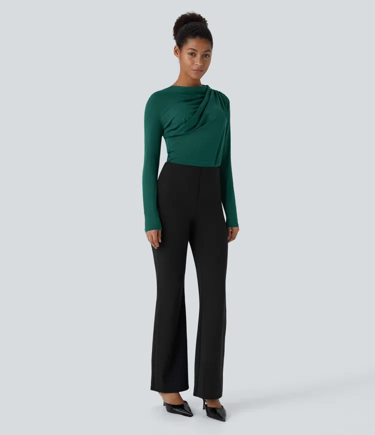 Cowl Neck Ruched Long Sleeve Slim Work Top
