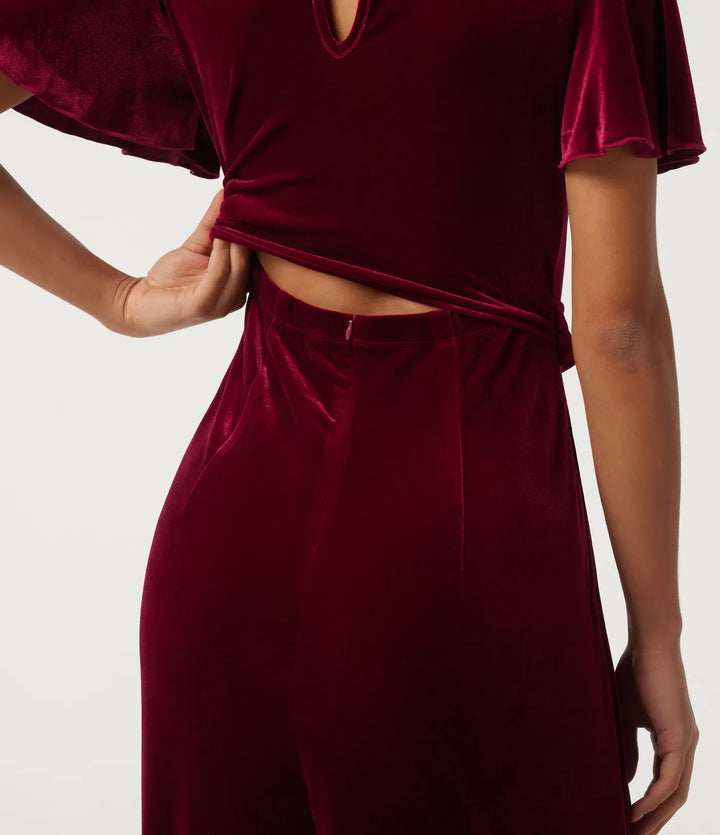 Round Neck Flounce Short Sleeve Keyhole Back Tie Front Velvet Party Jumpsuit with Pockets -Easy Peezy Edition