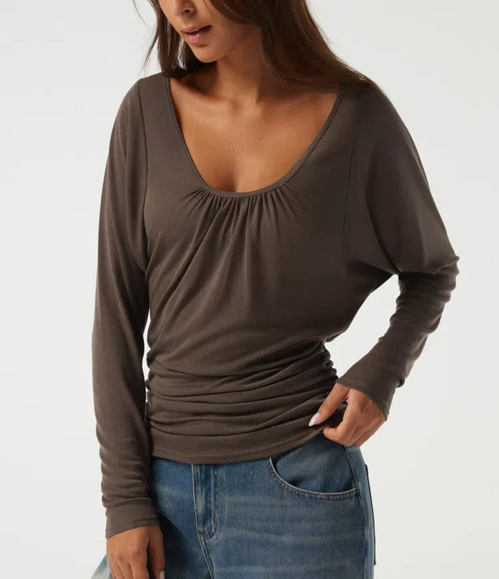 Scoop Neck Batwing Long Sleeve Slim Ruched Casual Top