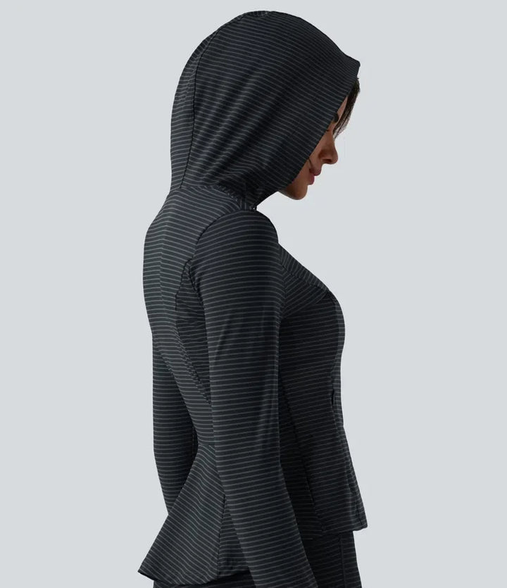 Hooded Long Sleeve Thumb Hole Stripe Yoga Jacket with Pockets