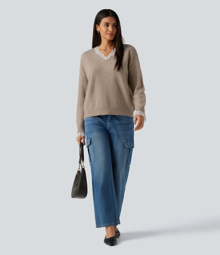 V Neck Contrast Lace Dropped Long Sleeve Casual Sweater
