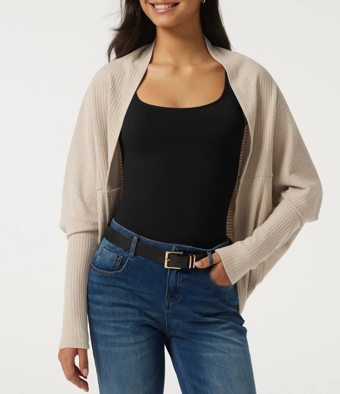 Ribbed Knit Batwing Long Sleeve Curved Hem Casual Cardigan