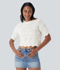 Round Neck Short Sleeve Scallop Hem Open Knit Casual Sweater
