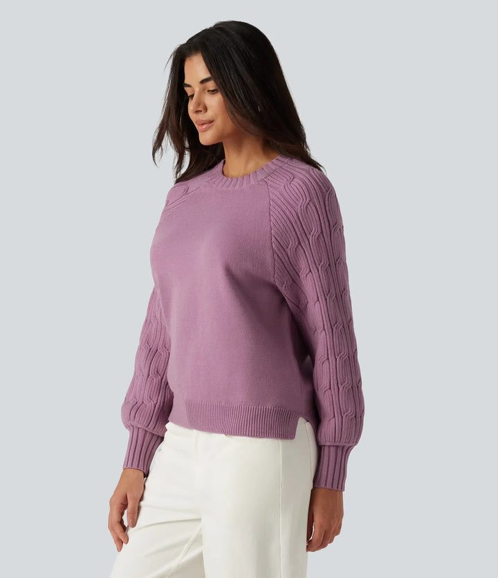 Round Neck Long Sleeve Slit Hem Casual Sweater