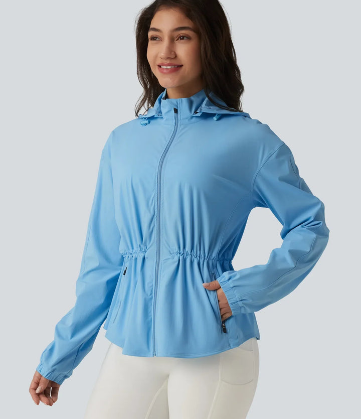 Durable Water Repellent Removable Hood Drawstring Workout Jacket with Zip Pockets