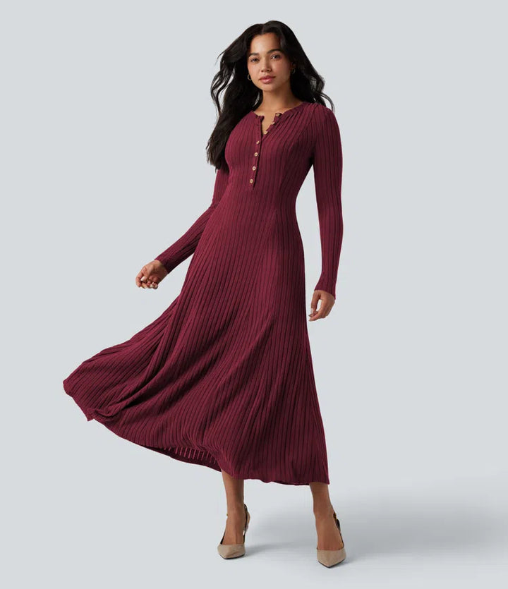 Ribbed Knit Henley Neck Long Sleeve Flowy Maxi Casual Dress