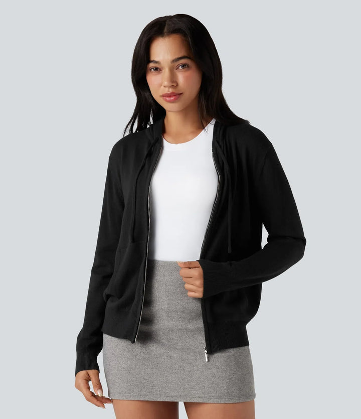 Hooded Drawstring Long Sleeve Zipper Casual Cardigan with Pockets