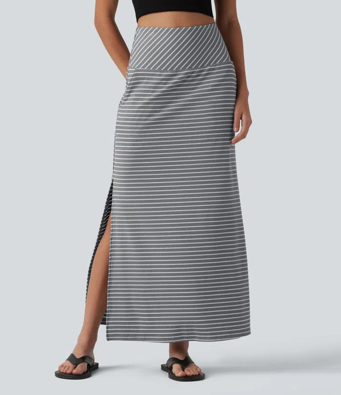 High Waisted Tummy Control Split Stripes Maxi Casual Skirt with Pockets