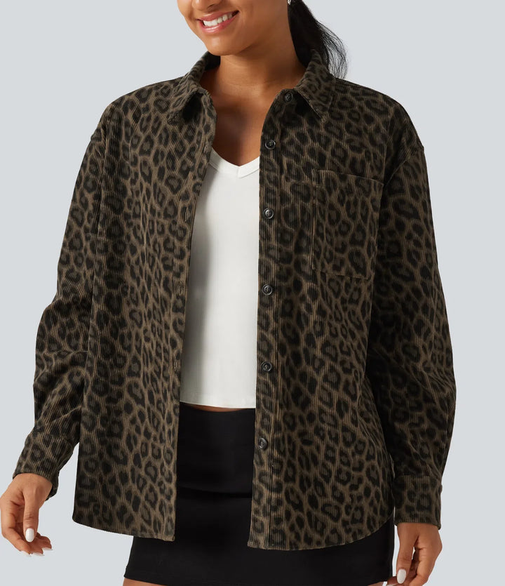 Leopard Print Long Sleeve Corduroy Casual Shirt Jacket with Pocket