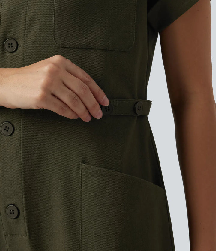 Short Sleeve Casual Jumpsuit with Pockets