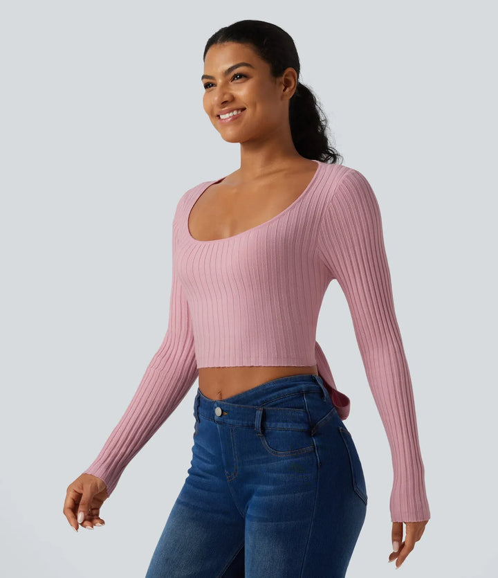 Round Neck Long Sleeve Cut Out Tie Back Casual Sweater