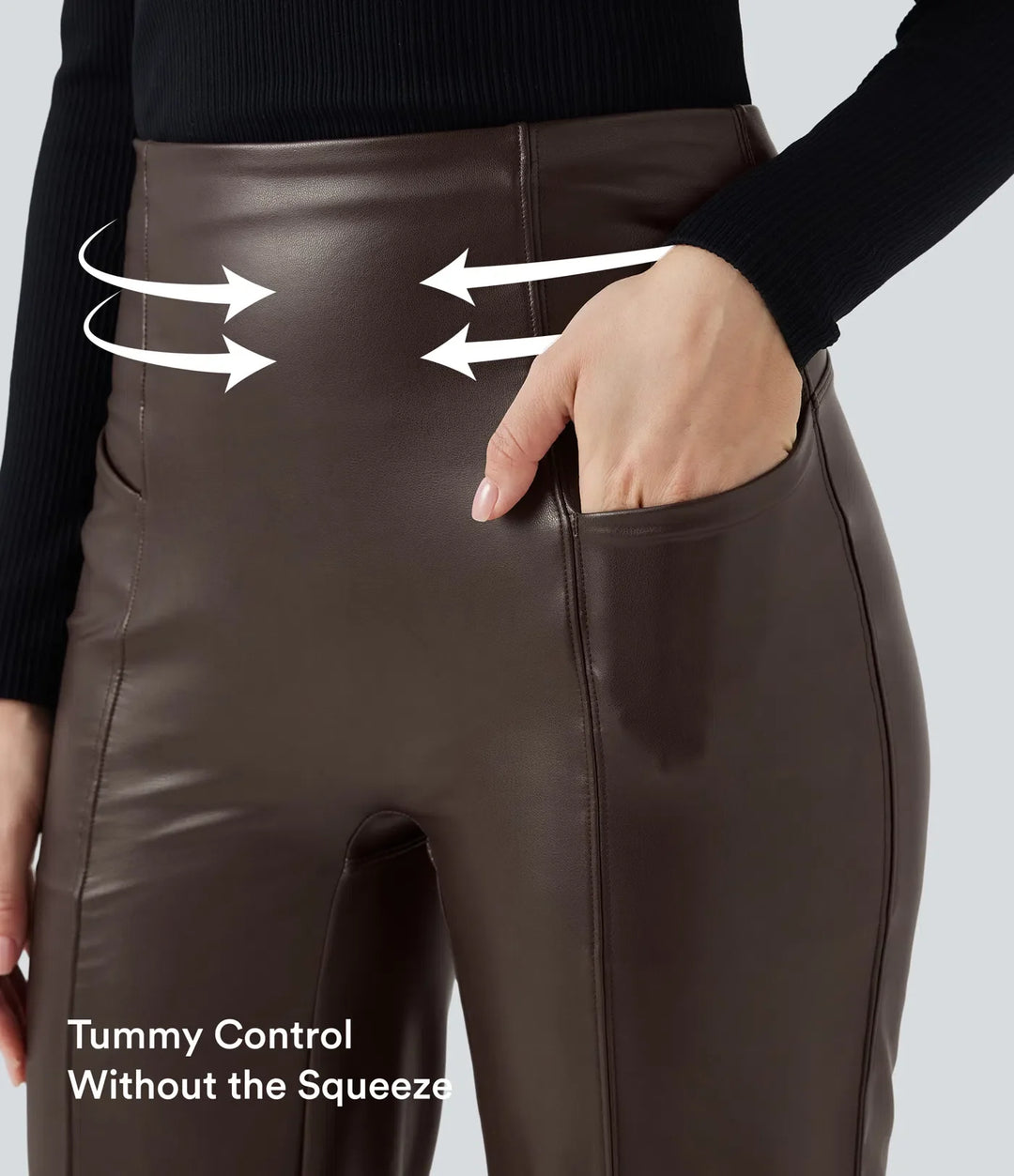 High Waisted Tummy Control Stretchy PU Fleece Casual Flare Pants with Pockets