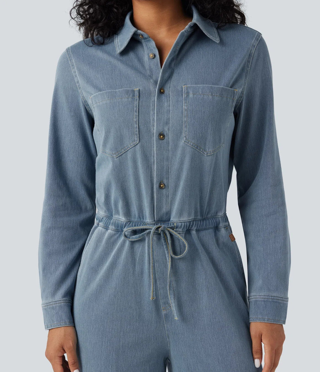 Halara Flex Long Sleeve Drawstring Wide Leg Washed Denim Casual Jumpsuit with Pockets-Easy Peezy Edition