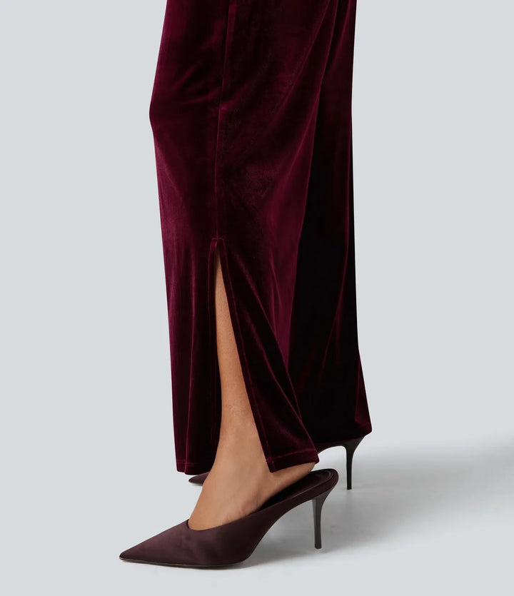 Tube Puff Sleeve Split Velvet Party Jumpsuit-Easy Peezy