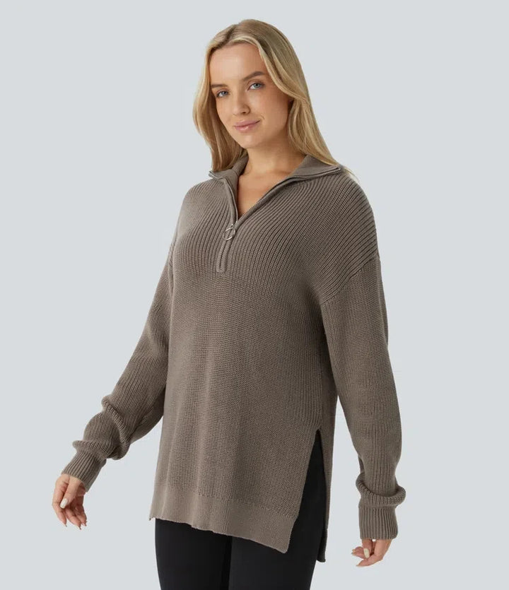 Funnel Neck Half Zip Long Sleeve Casual Sweater