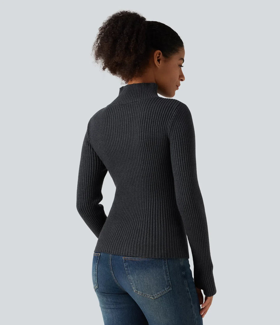 Ribbed Knit High Neck Long Sleeve Thumb Hole Crossover Hem Slim Work Sweater