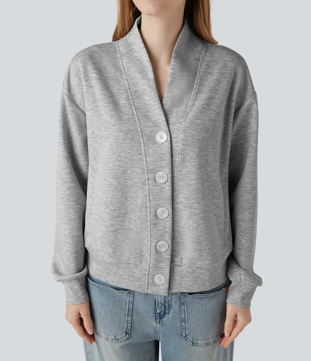 V-neck Long Sleeve Button Fly Casual Sweatshirt with Pockets
