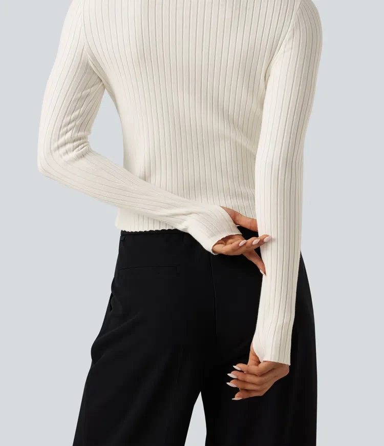Mock Neck Long Sleeve Slim Work Sweater with Thumbholes