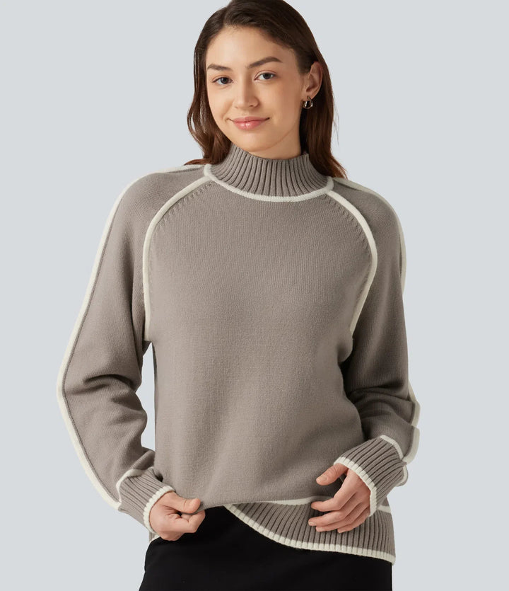 Mock Neck Raglan Long Sleeve Color Block Work Sweater