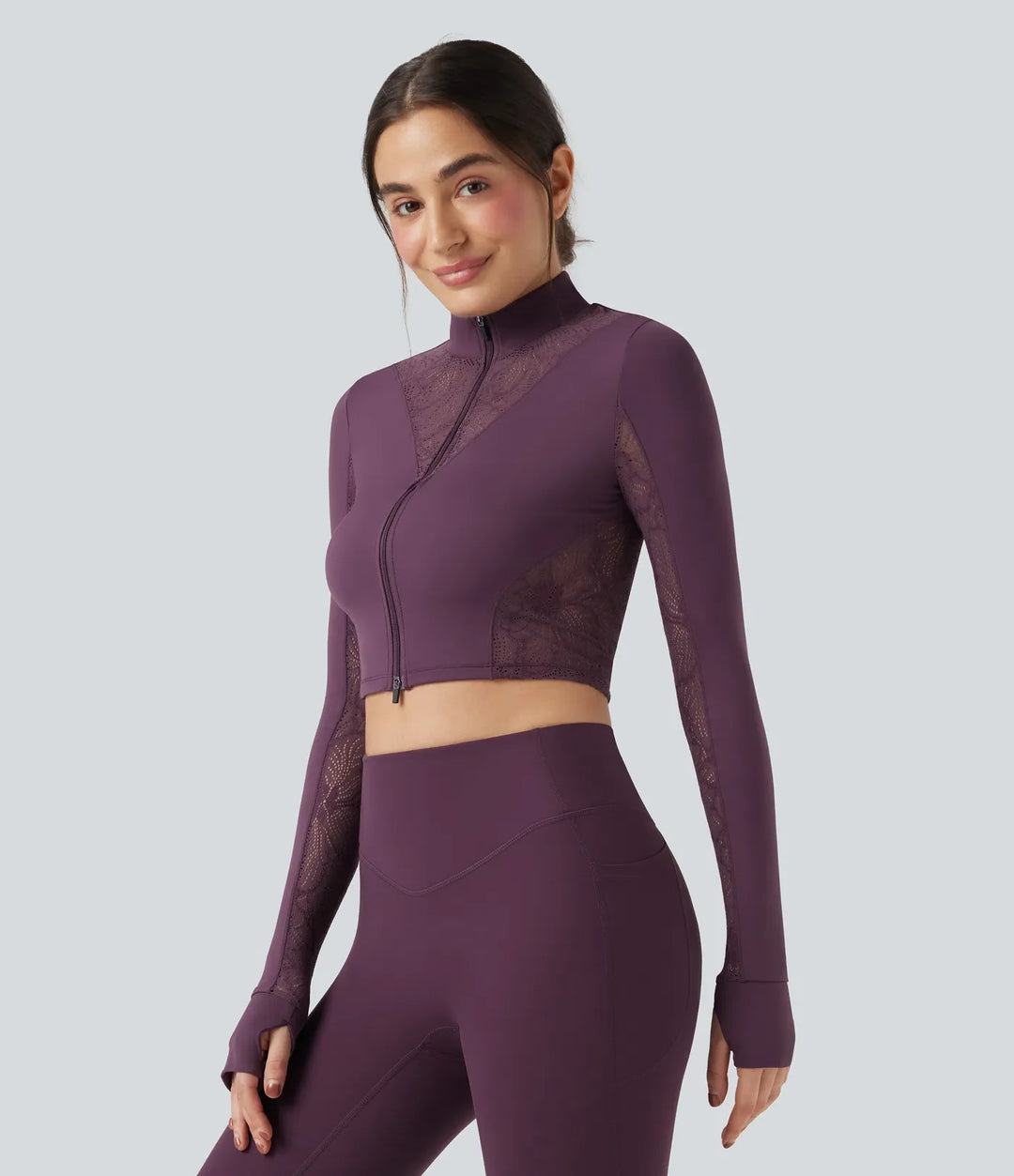 SoftlyZero Thumb Holes Contrast Lace Double Zipper Yoga Jacket