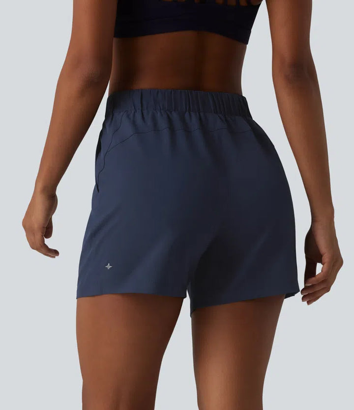 High Waisted Elastic Waistband Drawstring Pleated Yoga Shorts 5" with Pockets